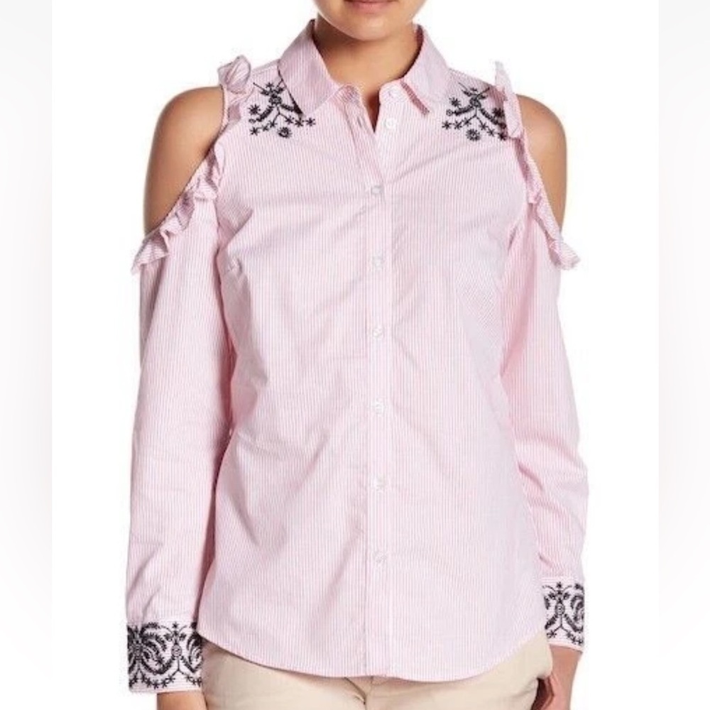 Nanette Lepore Flamingo Dream Pink Ruffled Cold Shoulser Button Down Shirt Small